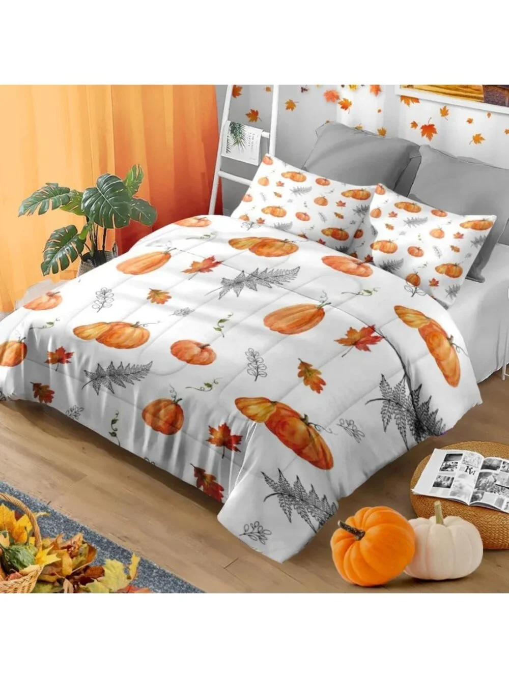 Cozy Queen Fall Comforter Set - 3 Piece Autumn Pumpkin Bedding for Seasonal